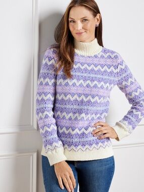 Talbots Lavender Purple Mockneck Zigzag Jacquard Cotton + Wool Blend Sweater, S